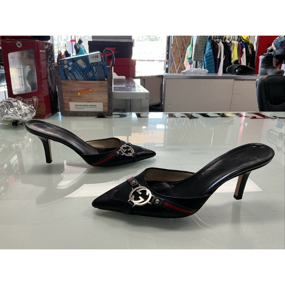 Gucci | Auth Black Leather Canvas Pointed Toe Ribbon Size 5 - Picture 2 of 7